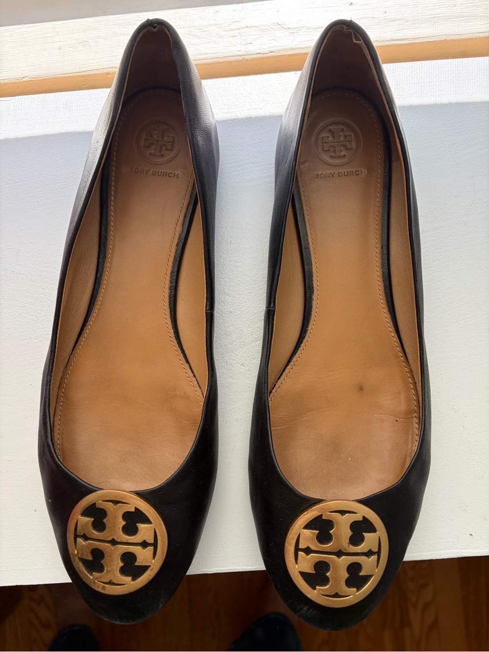 Tory Burch Black Leather Logo Toe Ballet Flats with Gold Emblem